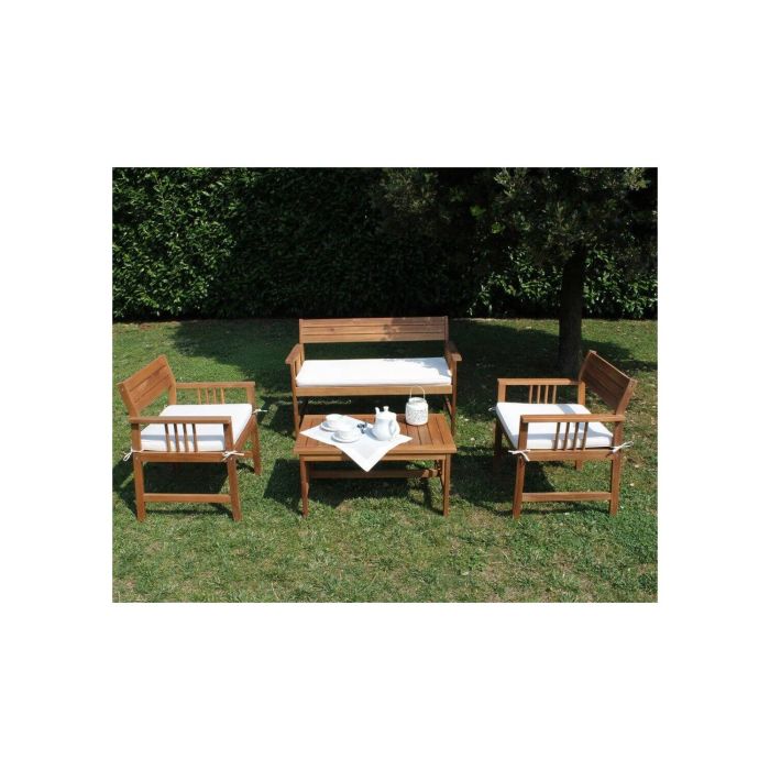 Salón de jardín en madera de acacia marrón: mesa de centro, sofá y sillones con cojines blancos mod. Bali main product photo