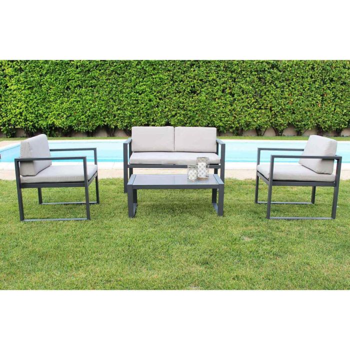 Conjunto de muebles de jardín compuesto por un sofá dos sillones con cojines y mesa color antracita mod. Formentera main product photo