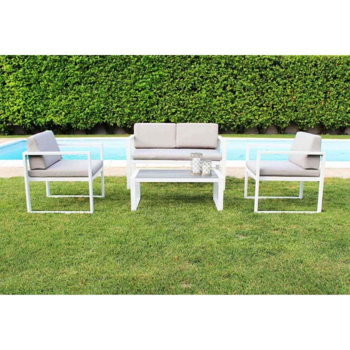 Conjunto de muebles de jardín compuesto por un sofá dos sillones con cojines y mesa color blanco mod. Formentera main product photo