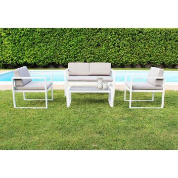 Conjunto de muebles de jardín compuesto por un sofá dos sillones con cojines y mesa color blanco mod. Formentera
