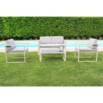Conjunto de muebles de jardín compuesto por un sofá dos sillones con cojines y mesa color beige agrisado mod. Formentera